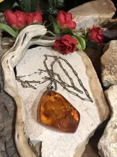 835 Silver Elongated Cable Chain CNP 800 Large Genuine AMBER Pendant Necklace 28