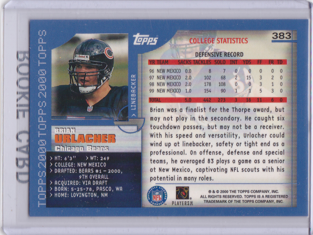 BRIAN URLACHER ROOKIE CARD 2000 Topps NFL DRAFT PICK Football RC