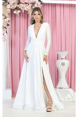 Womens Dresses For Bridal Wedding Long Deep V-Neck Long Sleeve A-Line Plus Size | eBay Womens Dresses For Bridal Wedding Long Deep V-Neck Long Sleeve A-Line Plus Size | eBay