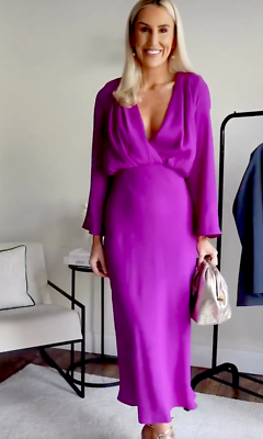 ♡♡ NEW ZARA 2023 PURPLE MAGENTA CROSSED MIDI DRESS V NECK LONG