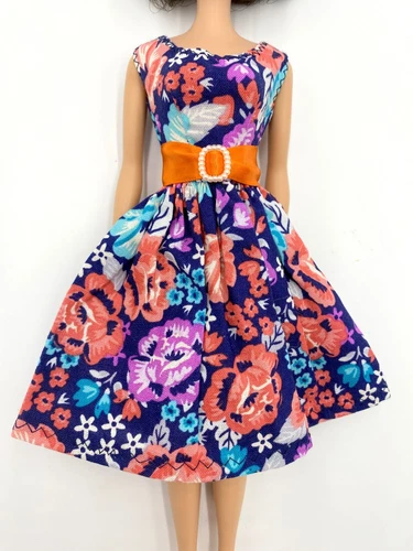 F7 BARBIE DOLL HANDMADE DRESS OOAK VINTAGE SILKSTONE BELTED PURPLE ORANGE FLORAL