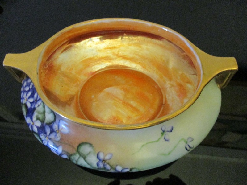 Antique O&EG Austria Porcelain Hand Painted Violets Gold Gilt Handle Bowl Signed