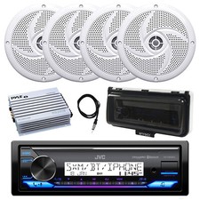 Marine Bluetooth Radio, Amplifier, 4x 4" 100W Speakers, Antenna, Cover White 