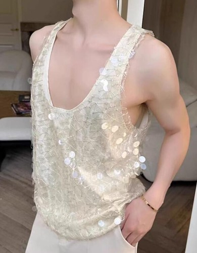 Chic Men Nude Embroidered Sequin Vest Sleeveless Tops Party Summer Clothing - Picture 3 of 6