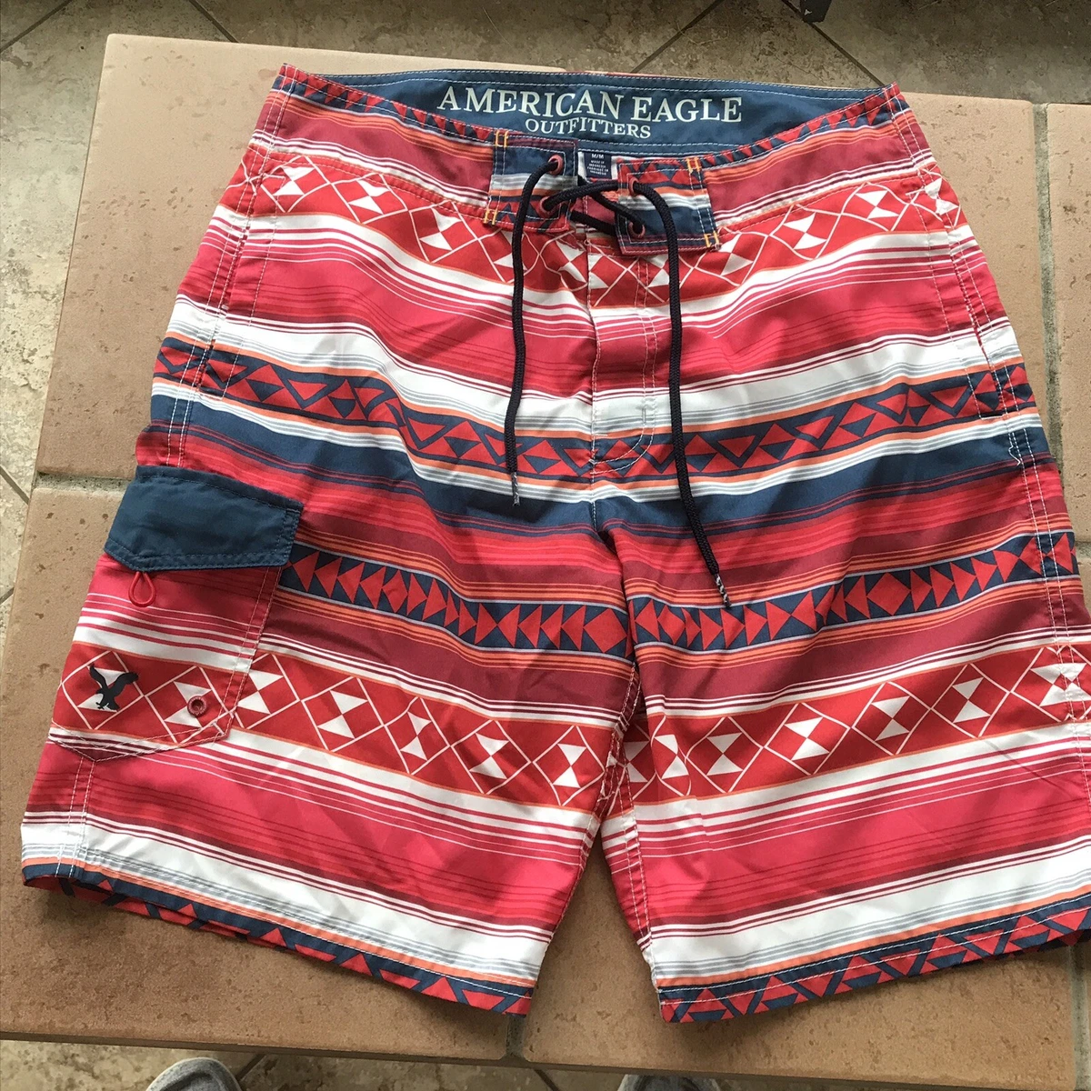 American Eagle Board Surf Shorts Swim Trunks Tribal Geo Pattern Logo Men’s  Med