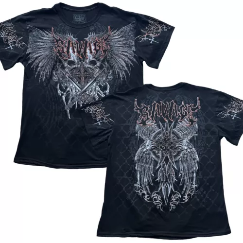 Y2K Grunge Savage Skull Cross and Wings Double Side Black shirt Size XL