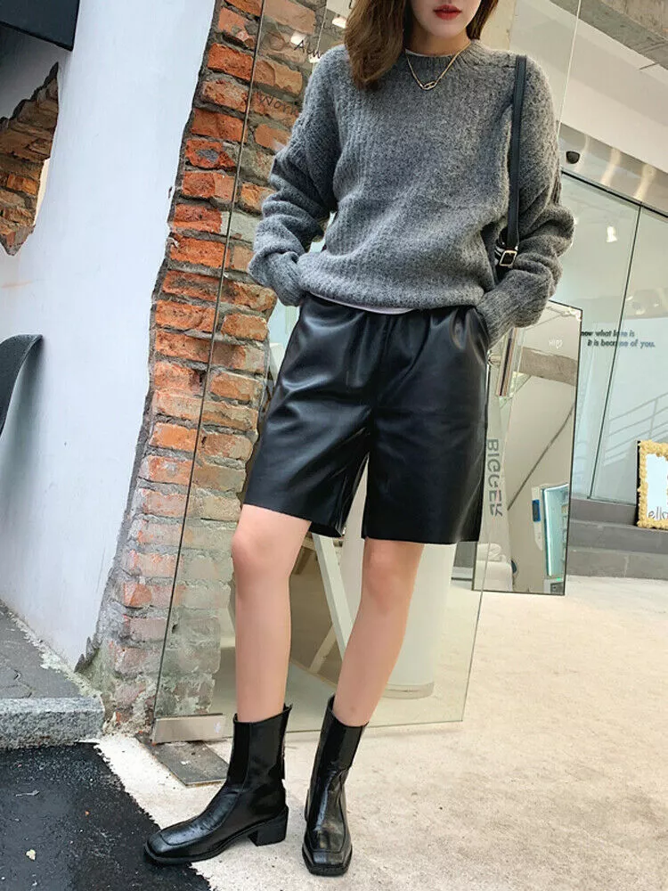 Korean Leather Knee length Shorts for Women High Waist Loose Wide