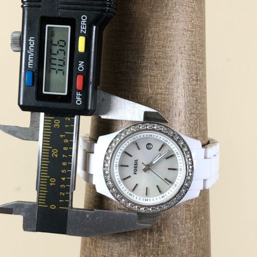 Fossil Women ES2437 Pave Date White Ceramic Round 31mm Quartz Watch 6 1/4" - Picture 7 of 13