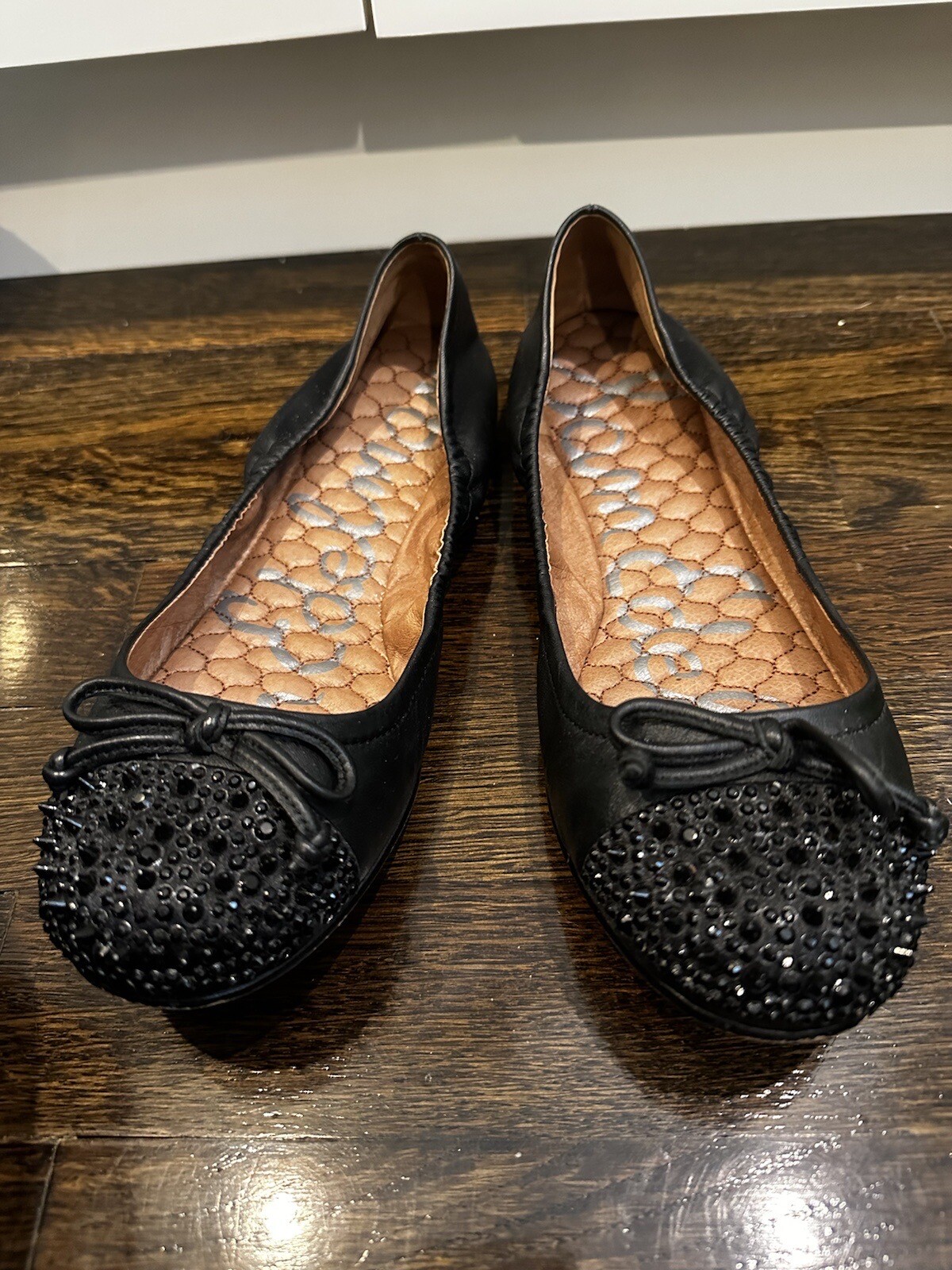 Sam Edelman Beatrix Ballet Flats Black Leather Studded Rhinestone