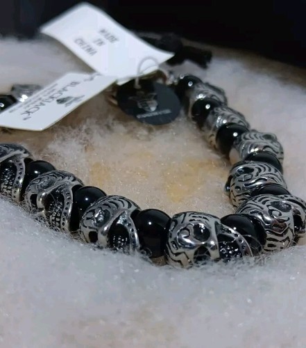 BLACKJACK Men's Bracelet Stainless Steel Genuine Black Onyx Beads Skull BJB169ON - Picture 5 of 14