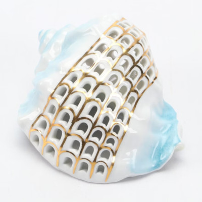 Herend Blue with Gold ''Pierced Helmet Shell'' Openwork Porcelain Figurine