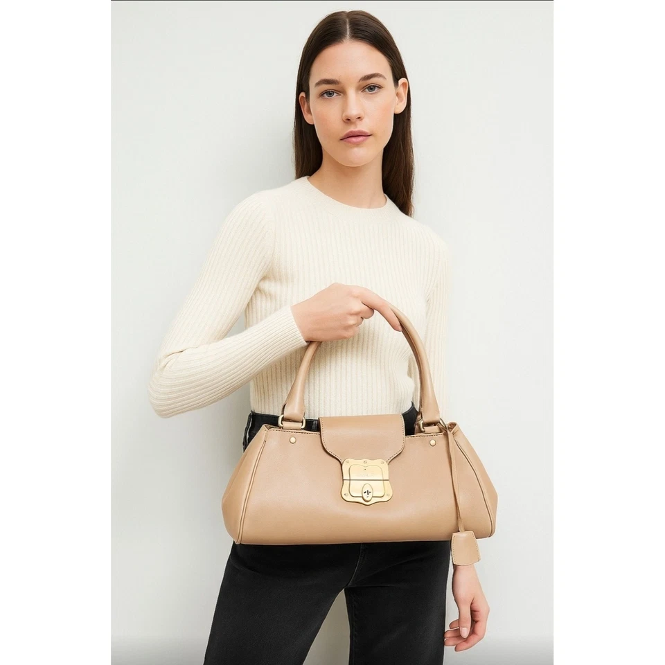TRUSSARDI Beige Leather Baguette Clip Shopper Shoulder Push Lock Handbag Womens - Image 2 of 4