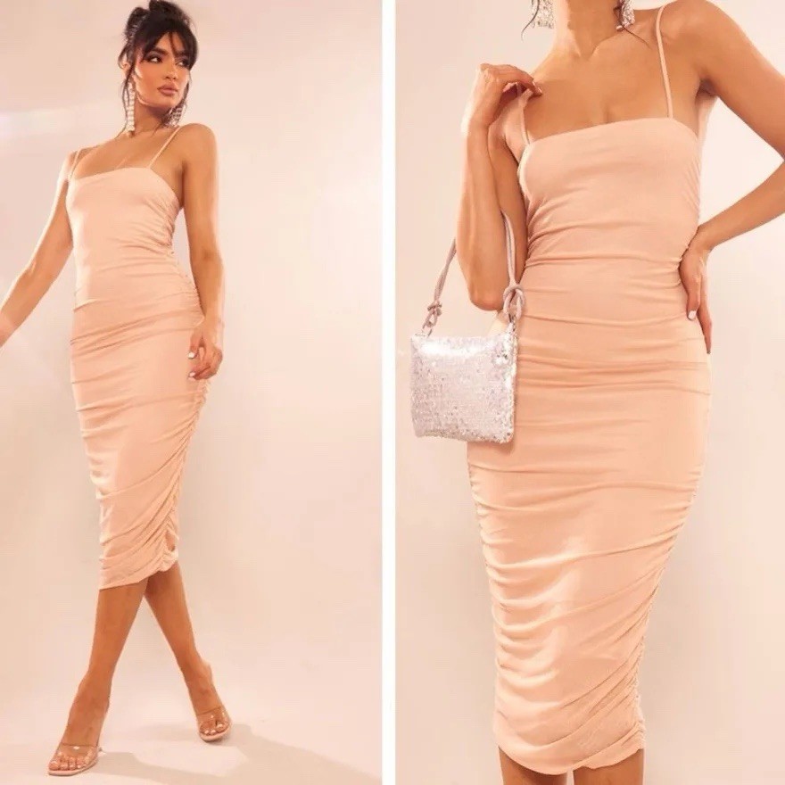 PrettyLittleThing Nude Peach Strappy Mesh Ruched Midi Dress NWT US 6