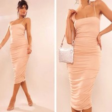 PrettyLittleThing Nude Peach Strappy Mesh Ruched Midi Dress NWT US 6