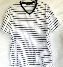 Polo Ralph Lauren Shirt Mens M White Navy Classic Fit Striped V Neck Pocket Tee
