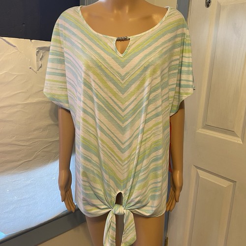 New Hearts of Palm Women's Striped Short Sleeve V Neck Top Shirt Tie Waist 1X