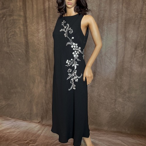 Studio I Vintage Floral Embroidered Maxi Dress Black Sleeveless Whimsigoth 90s - Picture 3 of 9