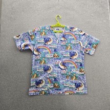 Disney Women Scrub Top L Blue Graphic Tigger Rainbow Cartoon Print Whimsical