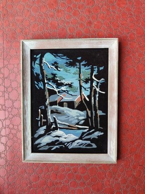 Vintage Black Velvet Paint By Number Red Barn Snow 13.75x10.5'' Winter Painting