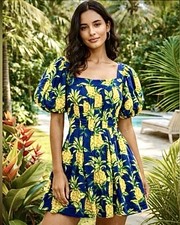 Farm Rio Pineapple Mini Dress Sz M Pleated/Flare/Botton Down