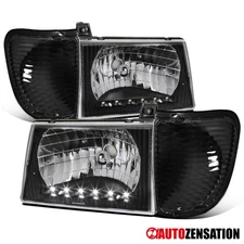 Fit 1992-2006 Ford E250 E350 Econoline Black LED Strip Headlights+Corner Lamps