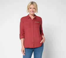 #V 1081 Denim & Co. Canyon Retreat Twill Button Front Shirt Size 2X