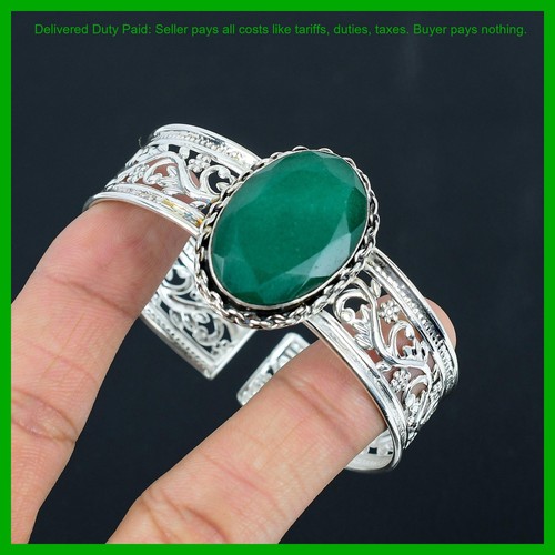 Halloween Sale Sterling Silver Oval Zambian Emrald Stone Bezel Bangle Bracelet - Picture 3 of 6