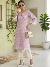 Indian Women Purple Pure Cotton Ethnic Motifs Printed Kurta Kurti Designer Dress