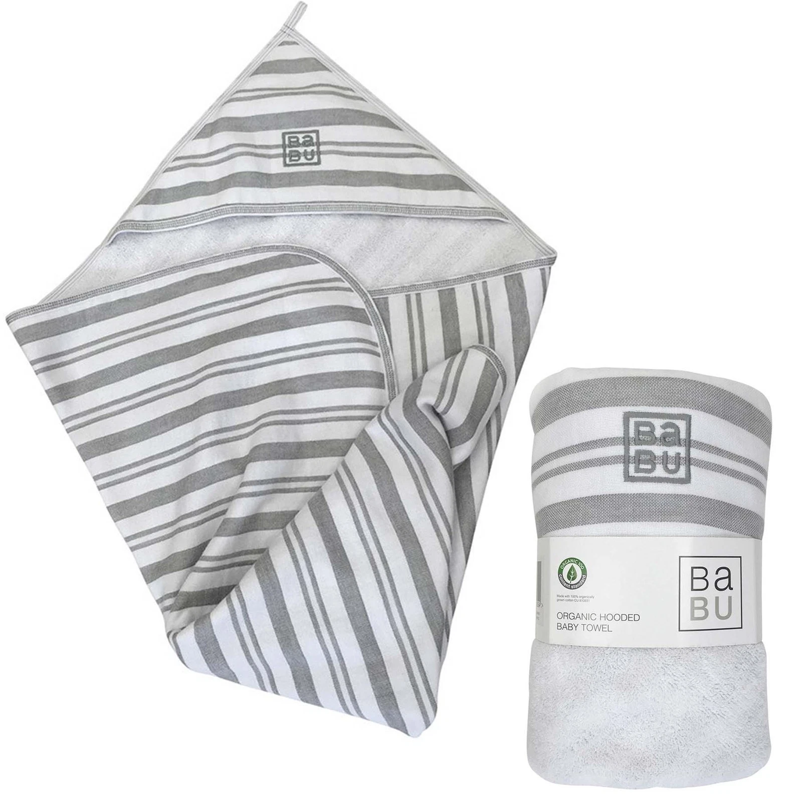 BABU - MUSLIN HOODED BABY TERRY TOWEL - Soft Organic Cotton - White/Grey **NEW**