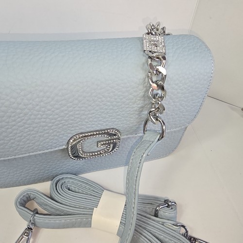 Neu Puderblau Leder Handtasche Schulter Crossbody Tasche Strass G Akzent Kiesel - Bild 13 von 17
