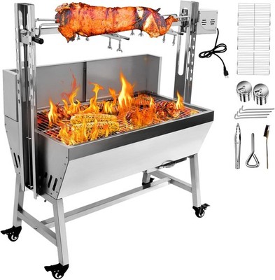 Stainless Steel Rotisserie Grill w/Back Cover Guard,25W Motor Small Pig Lamb Ro
