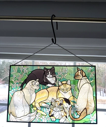 Vintage Joan Baker Tiffany Cats Stained Glass Panel 16.5x10.5 Painted Glass Art