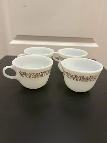Vintage Pyrex WOODLAND BROWN White Milk Glass 8oz. Coffee Tea Cups Set Lot of 4