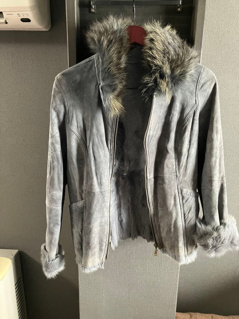 Unbranded Real Sheepskin Shearling Leather Coat Raccoon Fur Collar Gray Beige F