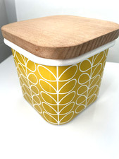 Orla Kiely  Enamel & Wood Storage Tin ,New, Linear Stem Design Yellow