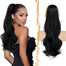 Ponytail Extensions - 20 Inch - Drawstring Comb Clip in - Black - Wavy