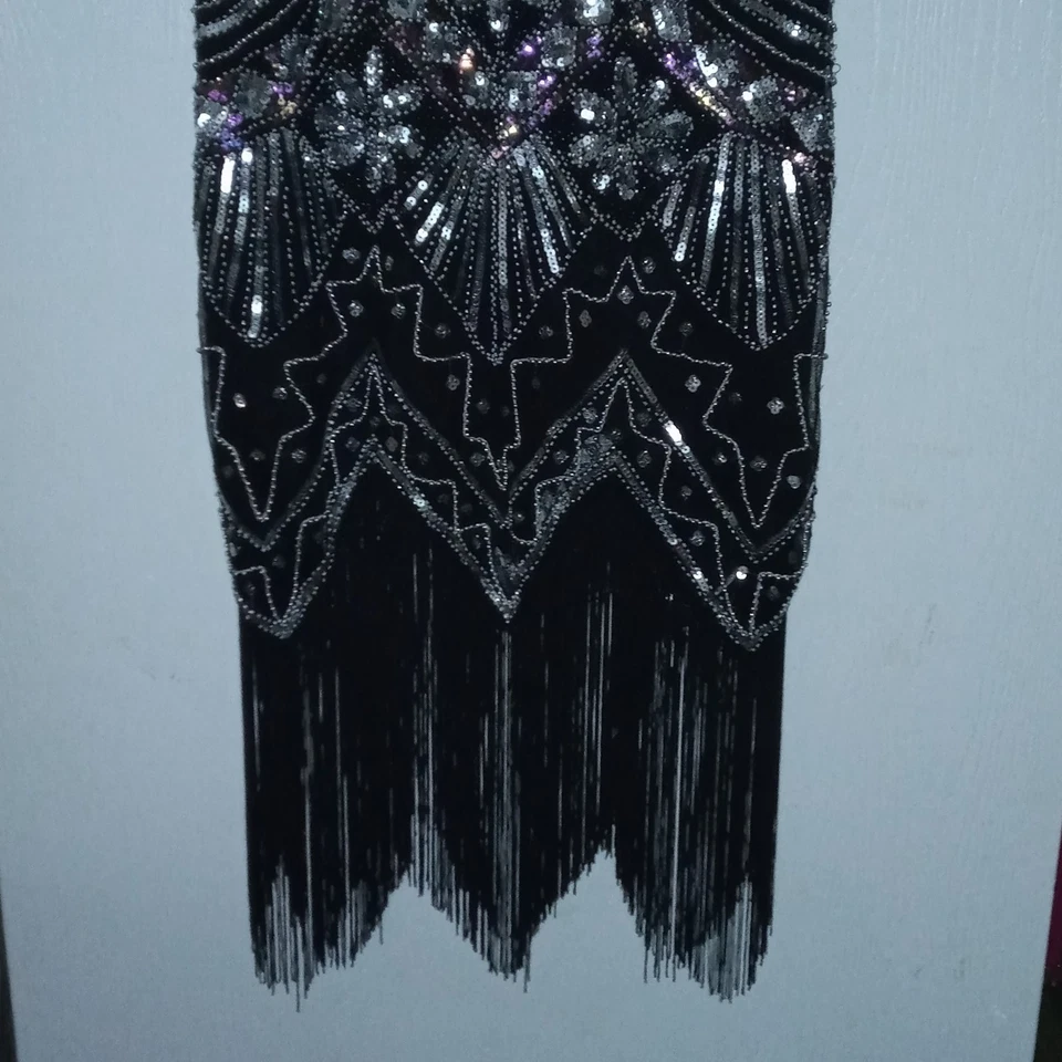 1920s  Flapper Dress Sz  XL Black Silver Fringe Sequin Gatsby  Sheath - Image 4 of 4