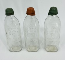 Vintage Glass Happy Baby Bottles Set of 3 Rubber Tops 8 Oz Embossed