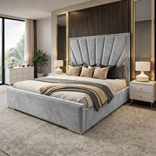 Image of Gas Lift Storage Bed Frame Velvet Upholstered Tall Headboard Super King Sizes UK