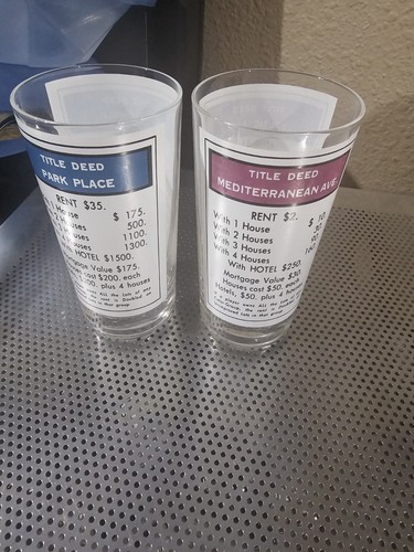 Monopoly Game Drinking Set Of 2 Glasses Baltic Mediterranean & Boardwalk