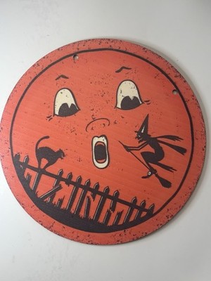 Halloween Anthropomorphic Moon VINTAGE STYLE Black Cat Witch Sign Wall Decor 8''