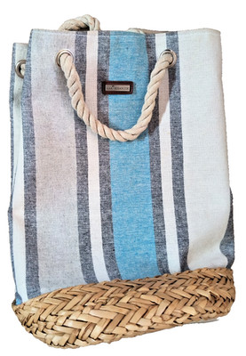 Caribbean Joe Blue Striped Canvas Rope Bucket Bag Women's Backpack Tote