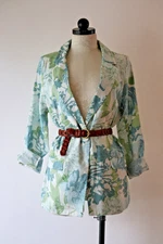 Joie Green Garden Floral Linen Single Button Lightweight Blazer Jacket Women L