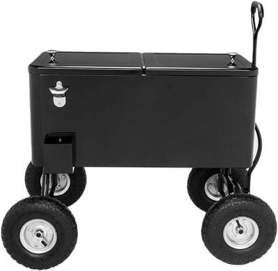 80 Quart Wagon Rolling Cooler Ice Chest, W/Long Handle and 10'' Wheels, Portable