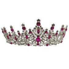 Pink Rhinestone Baroque Tiara Pageant Crown Silver Bridal Quinceanera Headpiece