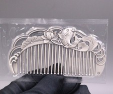 Pure 999 Fine Silver Hair Comb Fish Flower Healthy Hair Care 3.9inchL/62-63g