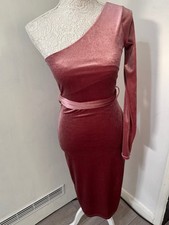 PrettyLittleThing One Shoulder Velvet Midi Dress Pink Size UK 4 Party Cocktail