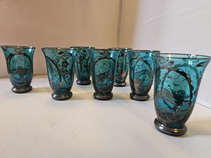 MCM Murano Venetian Gondola Cocktail Glasses Blue Silver Overlay Venice Italian