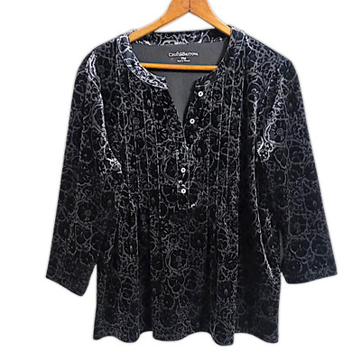 Croft Barrow Velvet Babydoll Top Sz MP Blouse Floral Romantic Witchy Henley Y2K