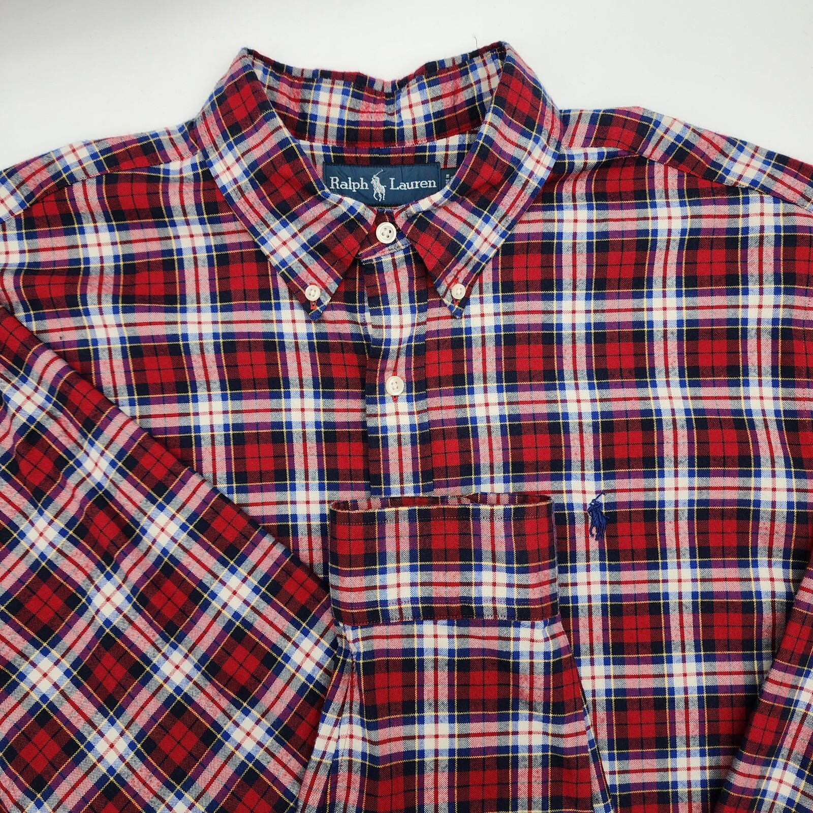 Ralph Lauren Button Up Shirt Mens XL Long Sleeve Red Blue Plaid Navy Pony Cotton